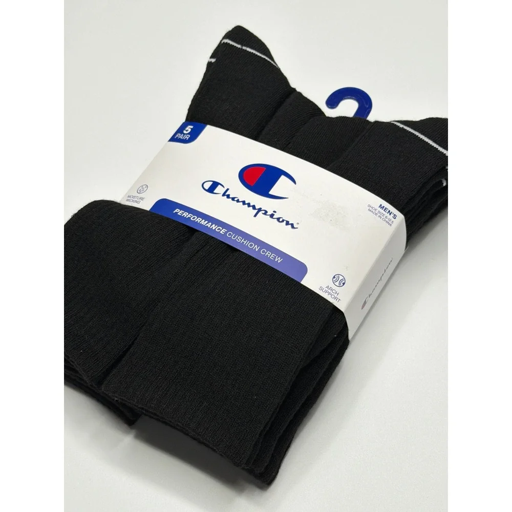 Champion Mens Black‎ Performance Cushion Crew Socks 5 Pair Pack Shoe Size 6-12
